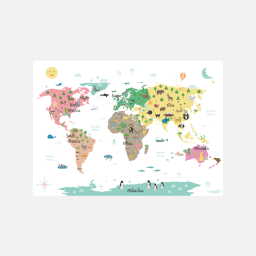 Wereldkaart Dieren – Wit Poster 50x70cm, Kinderkamer Decoratie