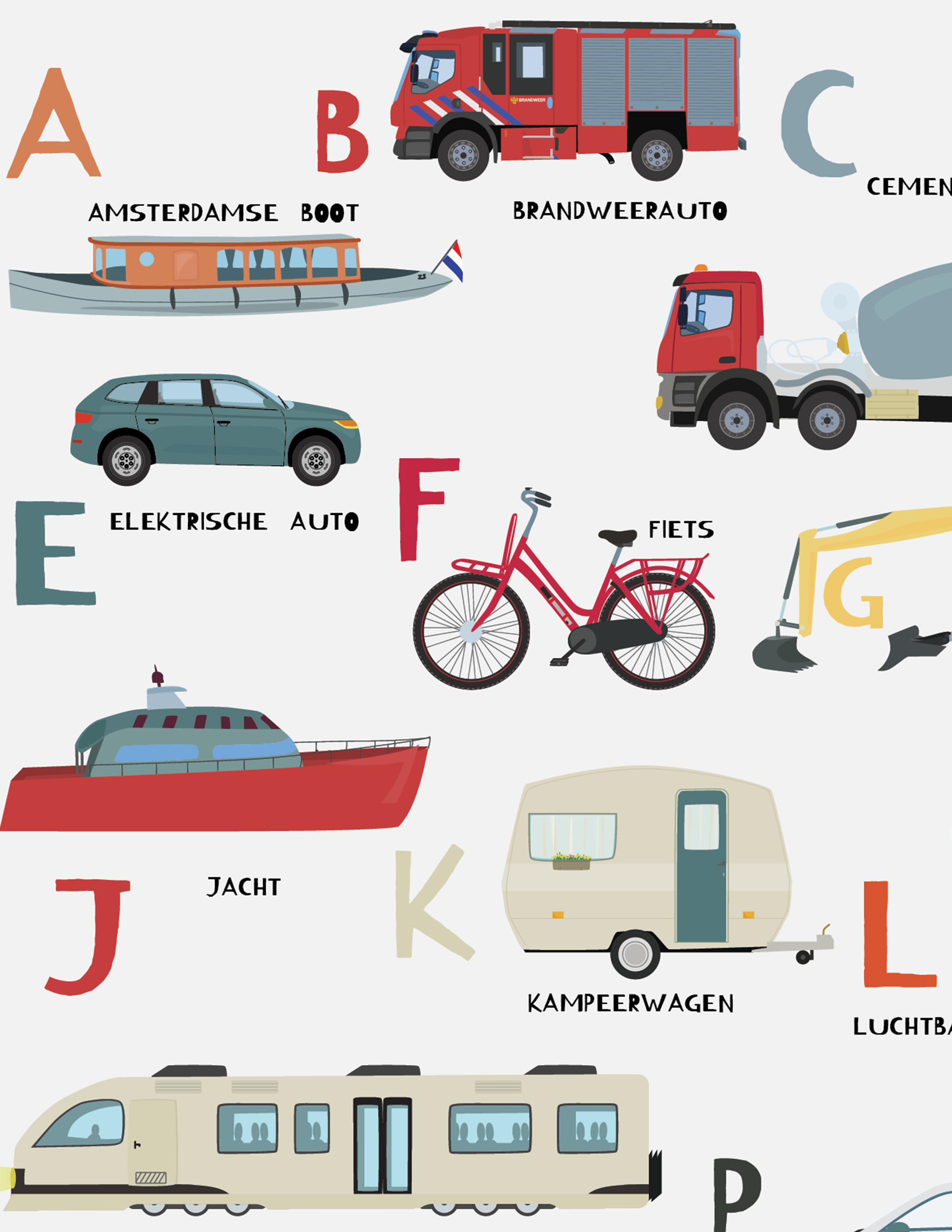 Goede Voertuigen Alfabet - Auto Alfabet Poster Nederlands, Kinderkamer JR-52